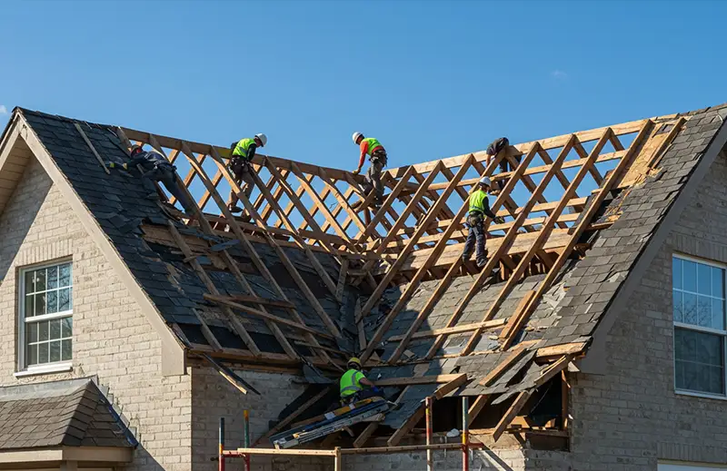 Work team restoring a damaged roof